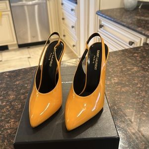 Saint Laurent Venus 110 Patent Leather Slingback Pumps in Mustard Yellow 7us